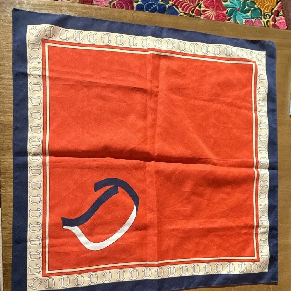 Women's Orange Blue White Silk Satin Square Scarf Logo Border Pattern equestrian